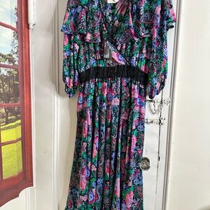 Vintage Diane Freis Vibrant Floral Beaded Maxi Dress with Black Details sz 1X